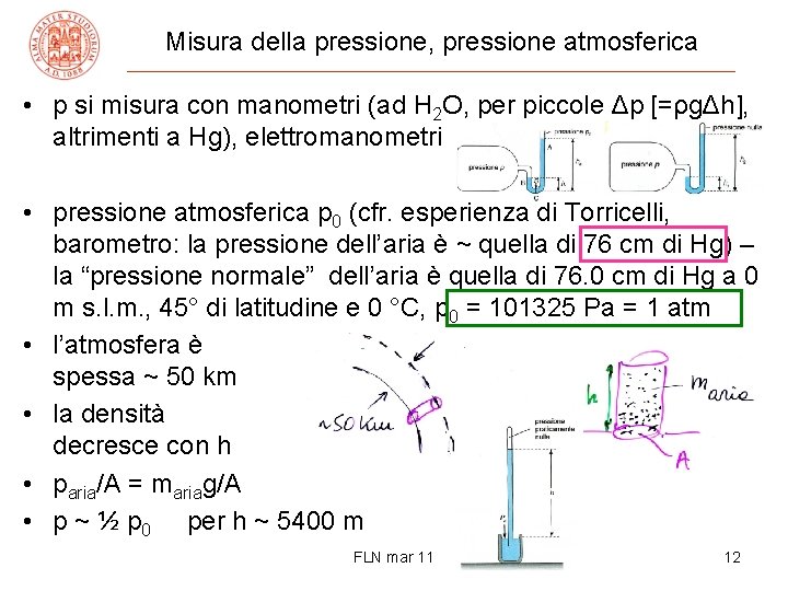 Misura della pressione, pressione atmosferica • p si misura con manometri (ad H 2