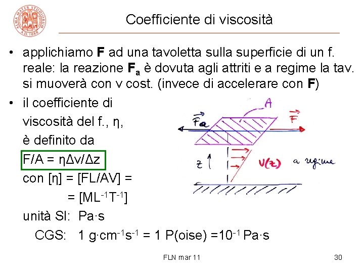 Coefficiente di viscosità • applichiamo F ad una tavoletta sulla superficie di un f.