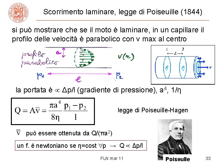 Scorrimento laminare, legge di Poiseuille (1844) si può mostrare che se il moto è