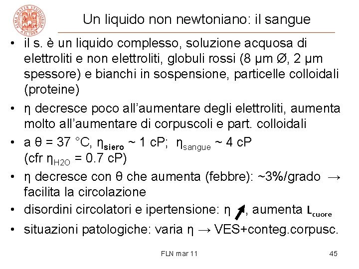 Un liquido non newtoniano: il sangue • il s. è un liquido complesso, soluzione