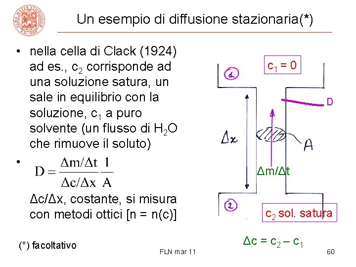 Un esempio di diffusione stazionaria(*) • nella cella di Clack (1924) ad es. ,