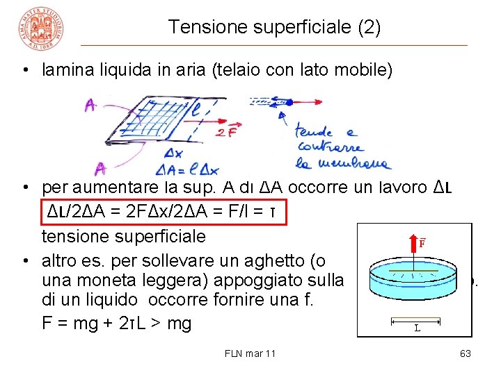 Tensione superficiale (2) • lamina liquida in aria (telaio con lato mobile) • per