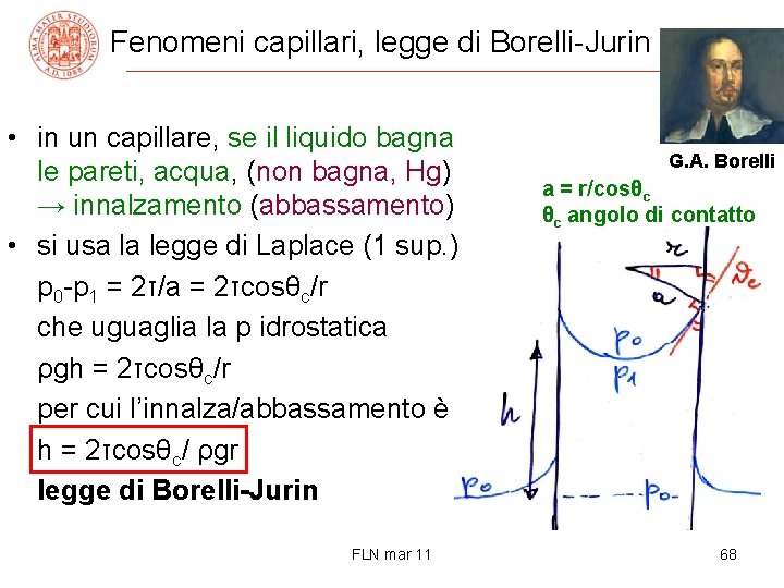 Fenomeni capillari, legge di Borelli-Jurin • in un capillare, se il liquido bagna le