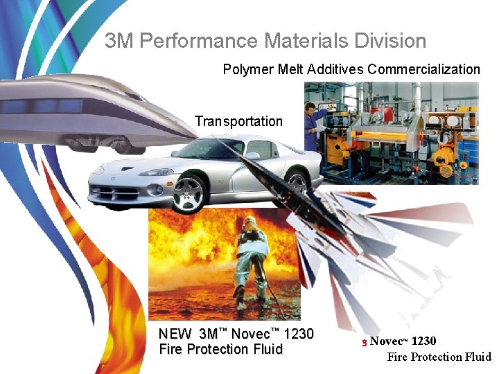 3 M Performance Materials Division Government/ Polymer. Commercialization Melt Additives Polymer Melt Additives Transportation