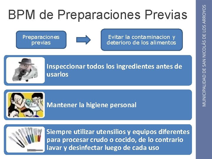 BPM de Preparaciones Previas Preparaciones previas Evitar la contaminacion y deterioro de los alimentos