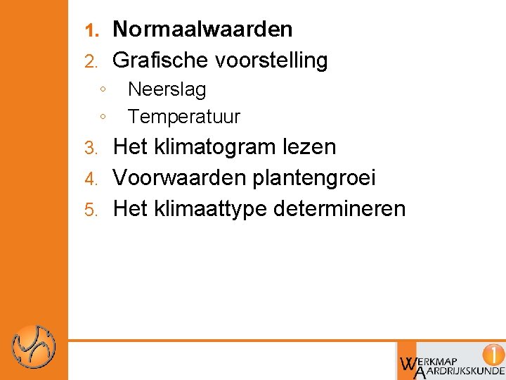 Normaalwaarden 2. Grafische voorstelling 1. ◦ ◦ Neerslag Temperatuur Het klimatogram lezen 4. Voorwaarden