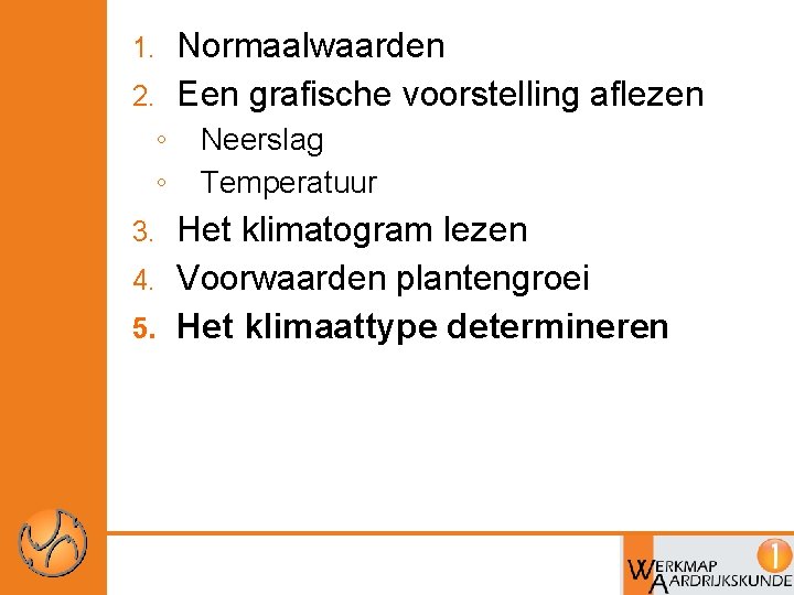 Normaalwaarden 2. Een grafische voorstelling aflezen 1. ◦ ◦ Neerslag Temperatuur Het klimatogram lezen