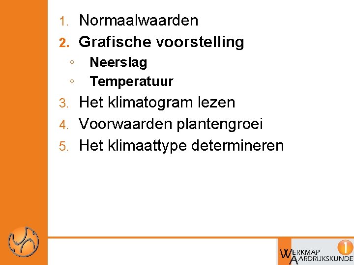 Normaalwaarden 2. Grafische voorstelling 1. ◦ ◦ Neerslag Temperatuur Het klimatogram lezen 4. Voorwaarden