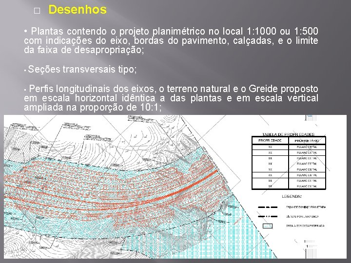 � Desenhos • Plantas contendo o projeto planimétrico no local 1: 1000 ou 1: