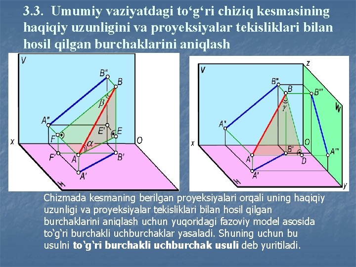 3. 3. Umumiy vaziyatdagi to‘g‘ri chiziq kesmasining haqiqiy uzunligini va proyeksiyalar tekisliklari bilan hosil