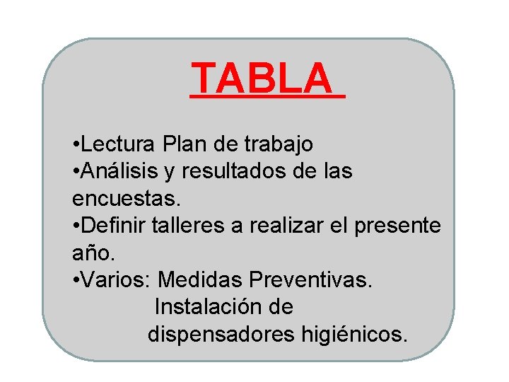 TABLA • Lectura Plan de trabajo • Análisis y resultados de las encuestas. •