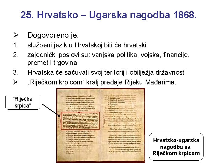 25. Hrvatsko – Ugarska nagodba 1868. Ø Dogovoreno je: 1. 2. službeni jezik u