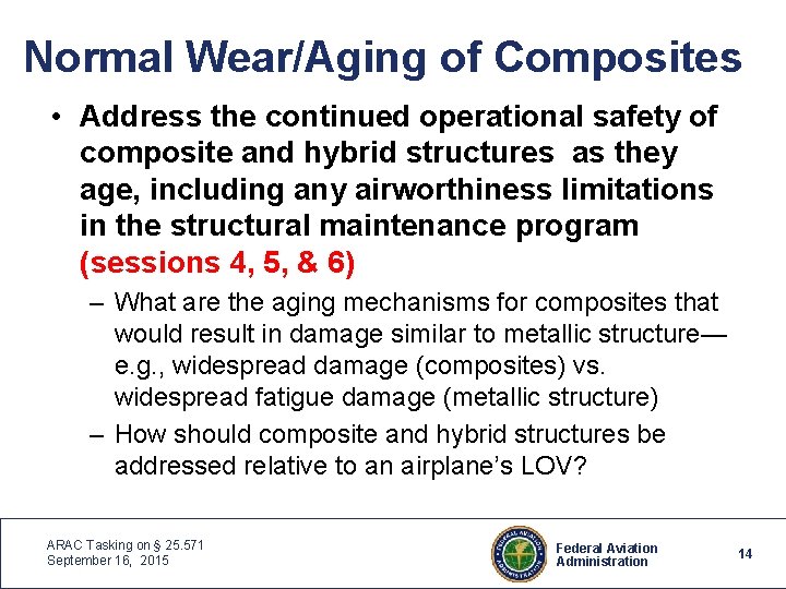 Normal Wear/Aging of Composites • Address the continued operational safety of composite and hybrid