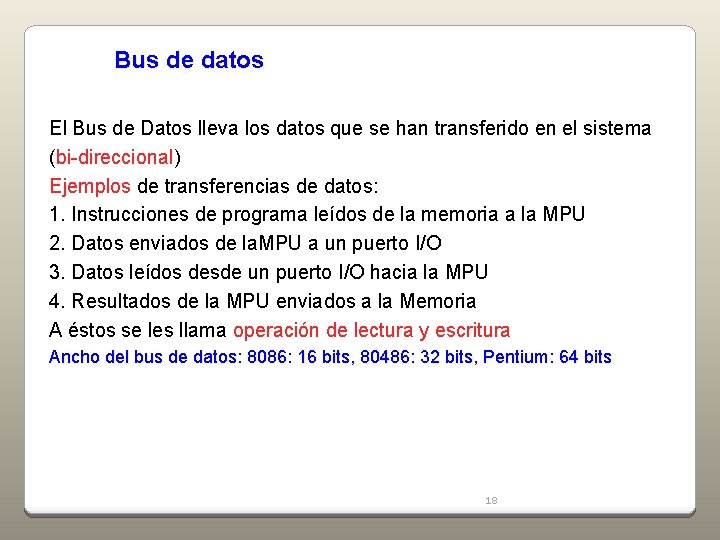 Bus de datos El Bus de Datos lleva los datos que se han transferido Bus de datos El Bus de Datos lleva los datos que se han transferido