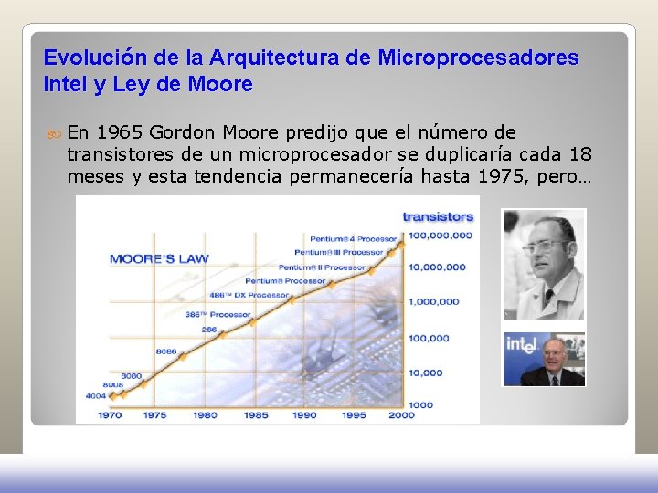 Evolución de la Arquitectura de Microprocesadores Intel y Ley de Moore En 1965 Gordon Evolución de la Arquitectura de Microprocesadores Intel y Ley de Moore En 1965 Gordon