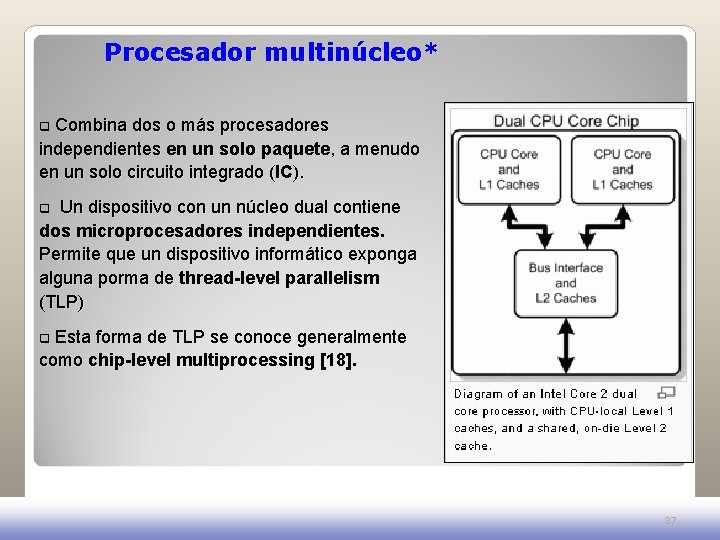 Procesador multinúcleo* Combina dos o más procesadores independientes en un solo paquete, a menudo Procesador multinúcleo* Combina dos o más procesadores independientes en un solo paquete, a menudo