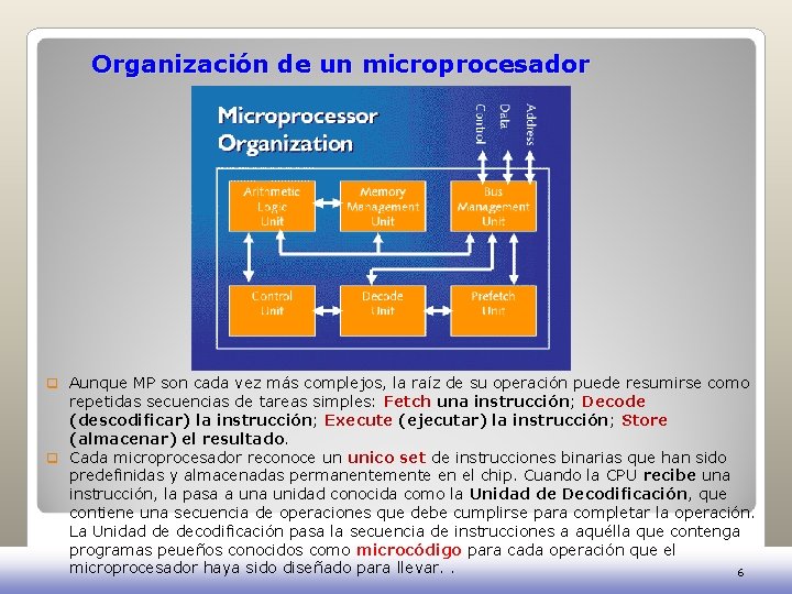 Organización de un microprocesador q Aunque MP son cada vez más complejos, la raíz Organización de un microprocesador q Aunque MP son cada vez más complejos, la raíz
