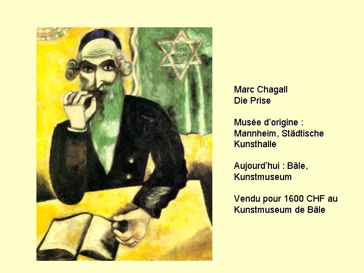 Marc Chagall Die Prise Musée d’origine : Mannheim, Städtische Kunsthalle Aujourd’hui : Bâle, Kunstmuseum