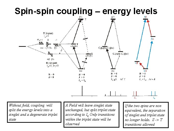 Spin-spin coupling – energy levels Without field, coupling will split the energy levels into