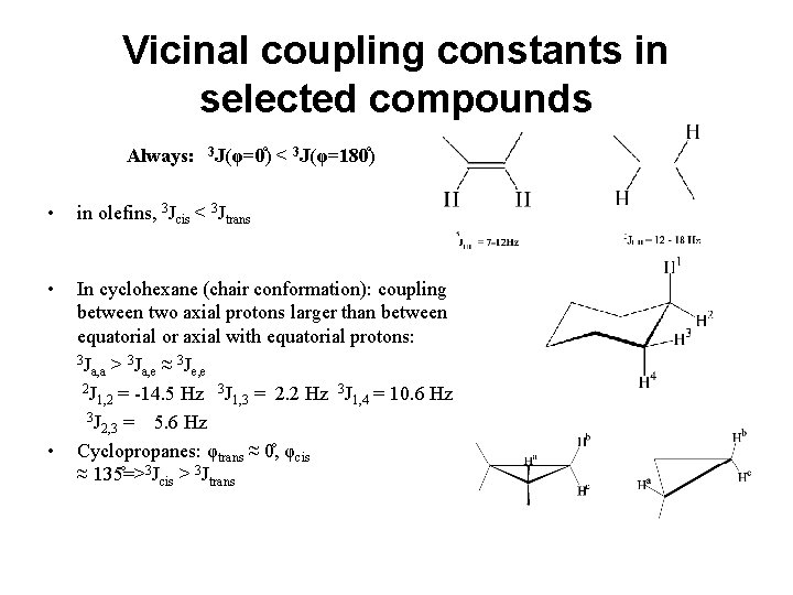 Vicinal coupling constants in selected compounds Always: • • 3 J(φ=0 ) < 3