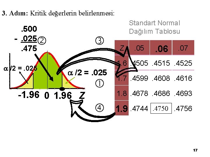 3. Adım: Kritik değerlerin belirlenmesi: . 500 -. 025 . 475 /2 =. 025