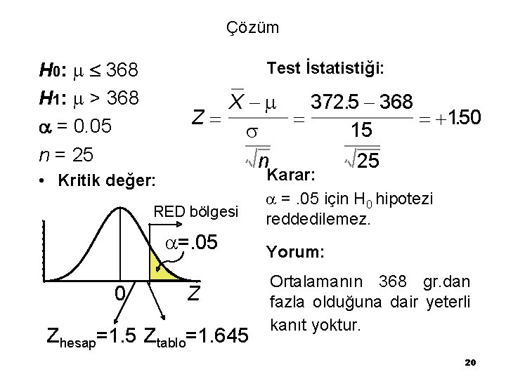 Çözüm H 0: 368 H 1: > 368 = 0. 05 n = 25