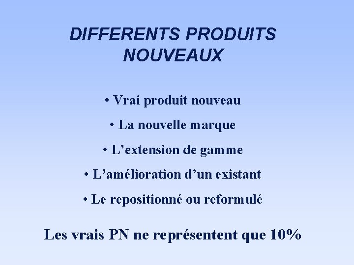 DIFFERENTS PRODUITS NOUVEAUX • Vrai produit nouveau • La nouvelle marque • L’extension de