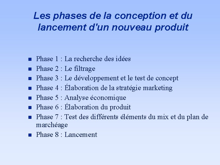 Les phases de la conception et du lancement d'un nouveau produit n n n