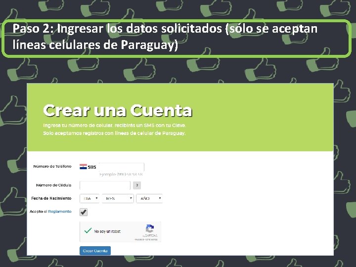 Paso 2: Ingresar los datos solicitados (sólo se aceptan líneas celulares de Paraguay) 