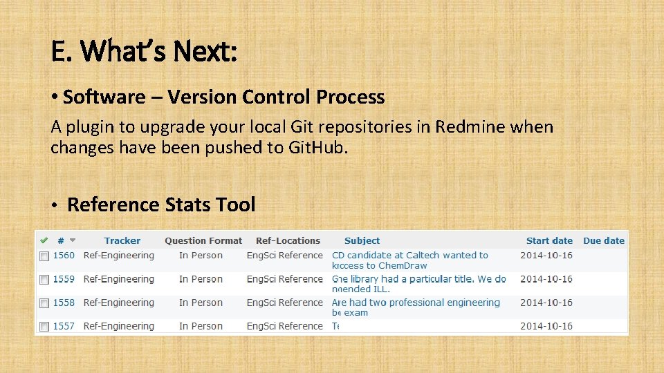 E. What’s Next: • Software – Version Control Process A plugin to upgrade your