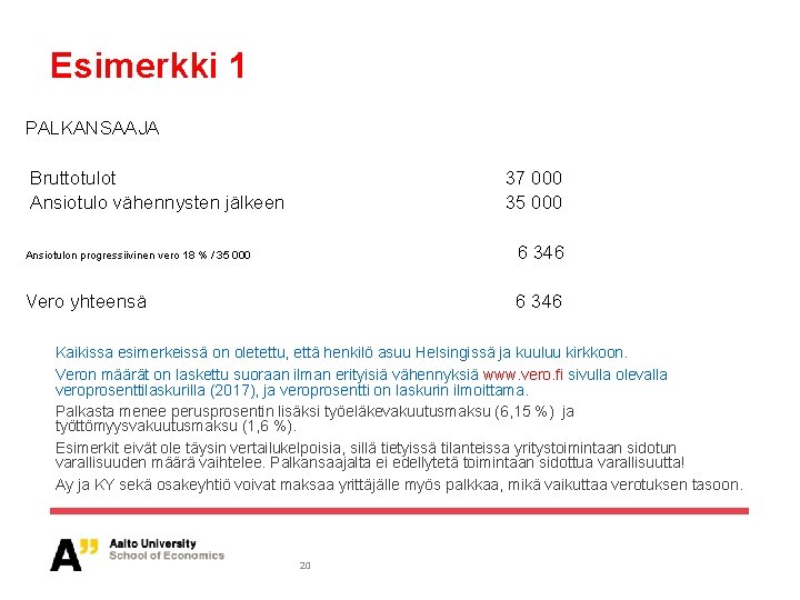 Esimerkki 1 PALKANSAAJA Bruttotulot Ansiotulo vähennysten jälkeen 37 000 35 000 Ansiotulon progressiivinen vero Esimerkki 1 PALKANSAAJA Bruttotulot Ansiotulo vähennysten jälkeen 37 000 35 000 Ansiotulon progressiivinen vero