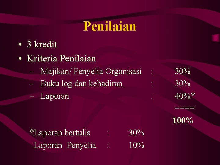 Penilaian • 3 kredit • Kriteria Penilaian – Majikan/ Penyelia Organisasi – Buku log