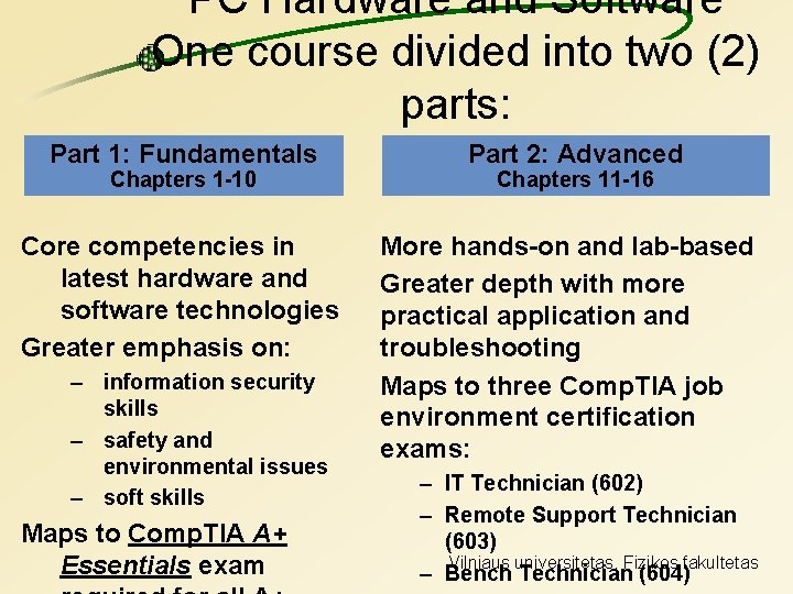 PC Hardware and Software One course divided into two (2) parts: Part 1: Fundamentals PC Hardware and Software One course divided into two (2) parts: Part 1: Fundamentals