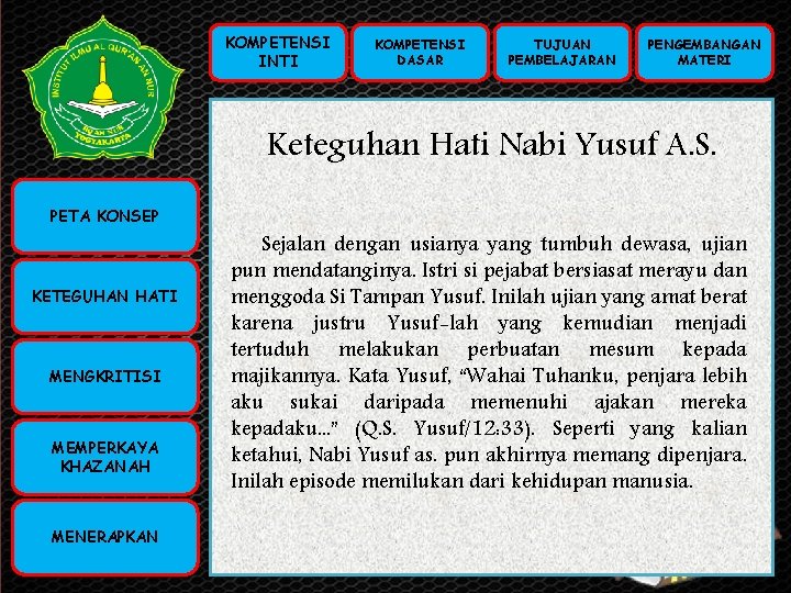 KOMPETENSI INTI KOMPETENSI DASAR TUJUAN PEMBELAJARAN PENGEMBANGAN MATERI Keteguhan Hati Nabi Yusuf A. S.