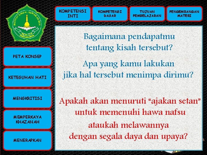 KOMPETENSI INTI KOMPETENSI PETA KONSEP INTI (KI) KOMPETENSI DASAR (KD) KETEGUHAN HATI TUJUAN PEMBELAJARAN