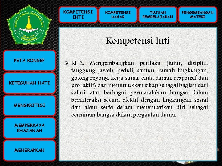 KOMPETENSI INTI KOMPETENSI DASAR TUJUAN PEMBELAJARAN PENGEMBANGAN MATERI Kompetensi Inti KOMPETENSI PETA KONSEP INTI