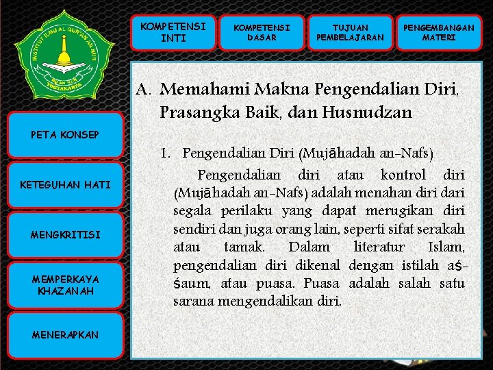 KOMPETENSI INTI KOMPETENSI PETA KONSEP INTI (KI) KOMPETENSI DASAR (KD) KETEGUHAN HATI TUJUAN PEMBELAJARAN