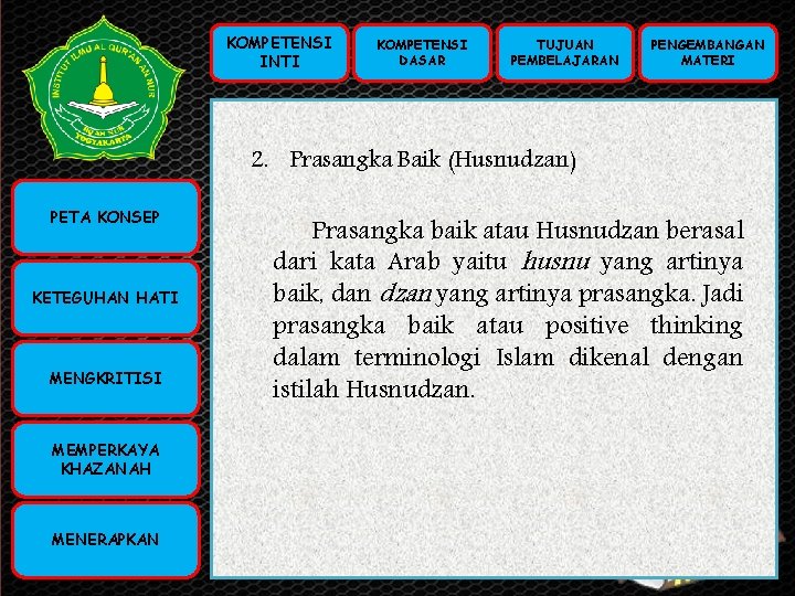 KOMPETENSI INTI KOMPETENSI DASAR TUJUAN PEMBELAJARAN PENGEMBANGAN MATERI 2. Prasangka Baik (Husnudzan) KOMPETENSI PETA