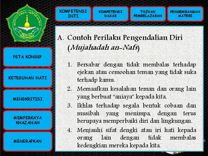 KOMPETENSI INTI KOMPETENSI PETA KONSEP INTI (KI) KOMPETENSI DASAR (KD) KETEGUHAN HATI TUJUAN PEMBELAJARAN