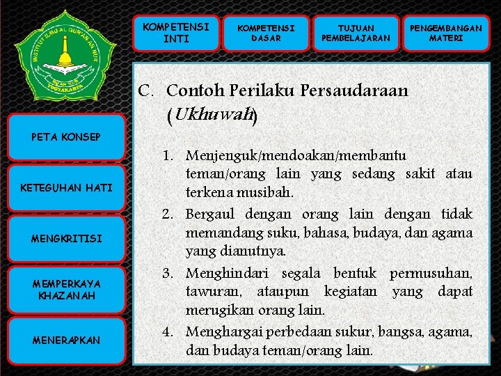 KOMPETENSI INTI KOMPETENSI PETA KONSEP INTI (KI) KOMPETENSI DASAR (KD) KETEGUHAN HATI TUJUAN PEMBELAJARAN