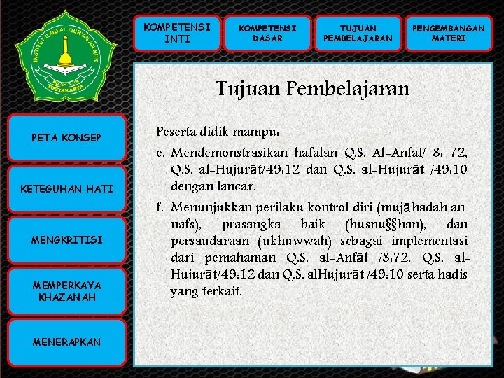 KOMPETENSI INTI KOMPETENSI DASAR TUJUAN PEMBELAJARAN PENGEMBANGAN MATERI Tujuan Pembelajaran KOMPETENSI PETA KONSEP INTI