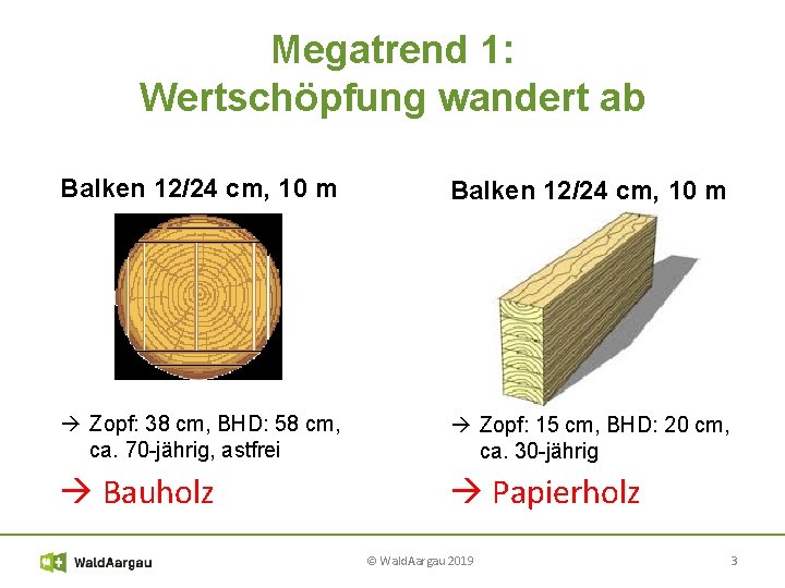 Megatrend 1: Wertschöpfung wandert ab Balken 12/24 cm, 10 m Zopf: 38 cm, BHD: