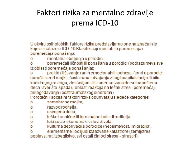 Faktori rizika za mentalno zdravlje prema ICD-10 