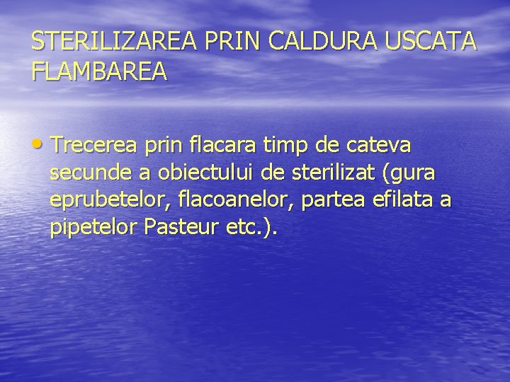 STERILIZAREA PRIN CALDURA USCATA FLAMBAREA • Trecerea prin flacara timp de cateva secunde a