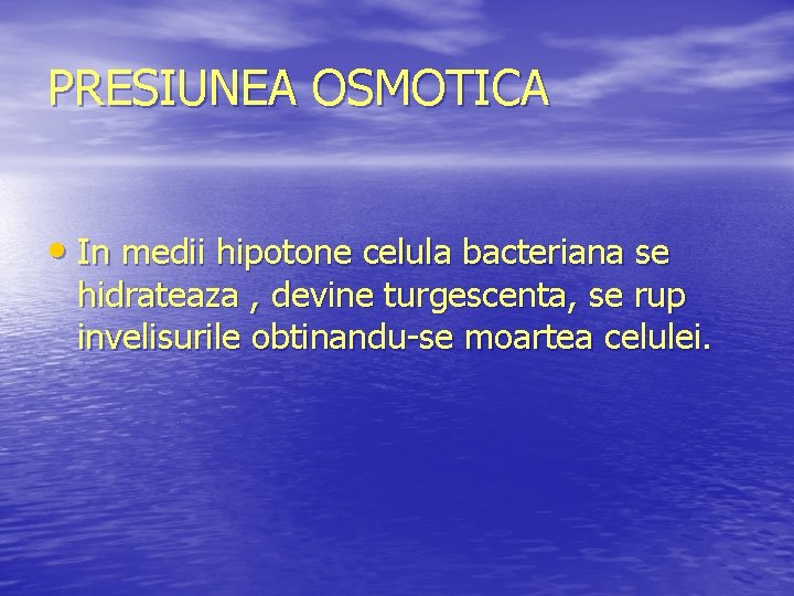 PRESIUNEA OSMOTICA • In medii hipotone celula bacteriana se hidrateaza , devine turgescenta, se