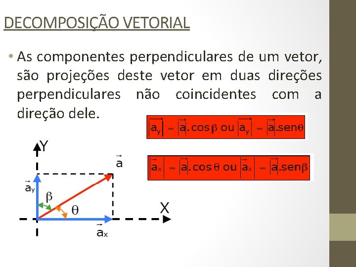 DECOMPOSIÇÃO VETORIAL • As componentes perpendiculares de um vetor, são projeções deste vetor em