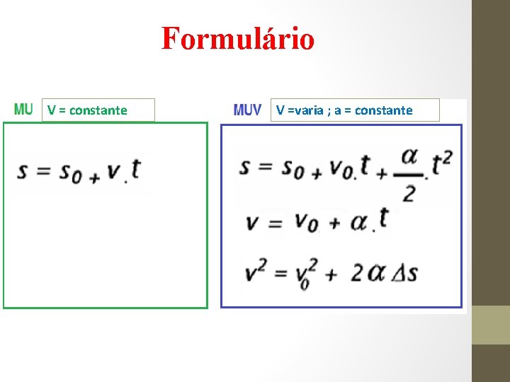 Formulário V = constante V =varia ; a = constante 