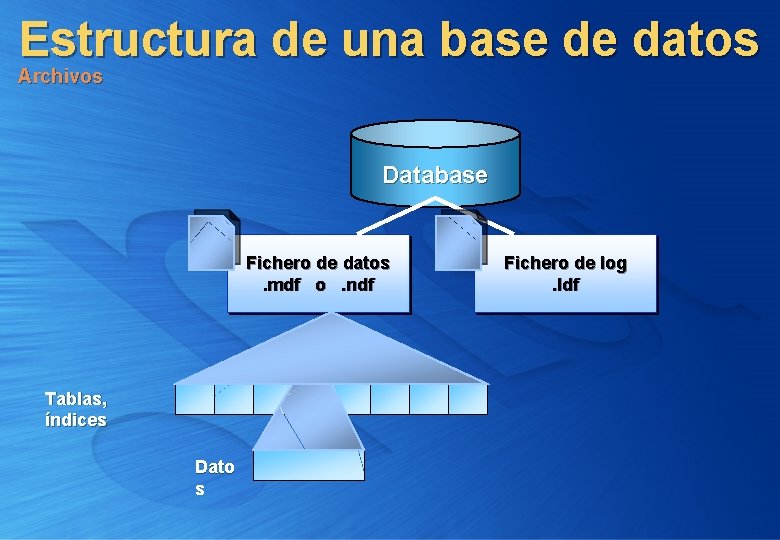 Estructura de una base de datos Archivos Database Fichero de datos. mdf o. ndf