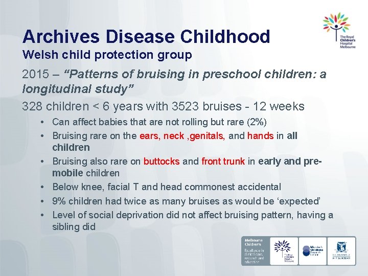 Archives Disease Childhood Welsh child protection group 2015 – “Patterns of bruising in preschool
