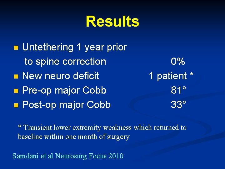 Results n n Untethering 1 year prior to spine correction New neuro deficit Pre-op Results n n Untethering 1 year prior to spine correction New neuro deficit Pre-op